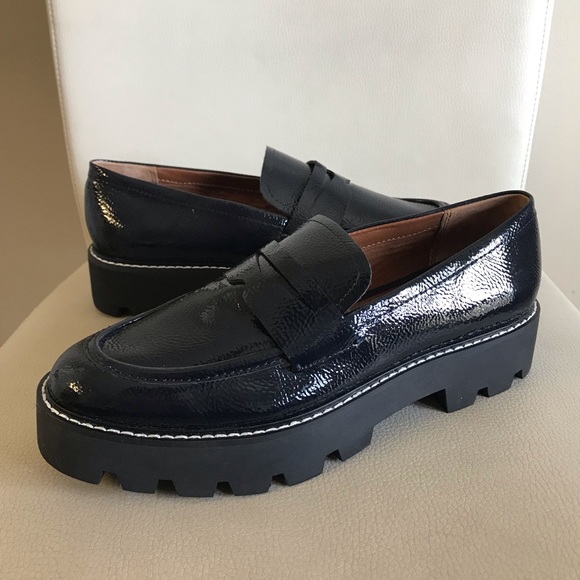 Franco Sarto Balin Platform Penny Loafers Patent Shiny Navy Blue Size 9.5 NEW - Picture 1 of 7